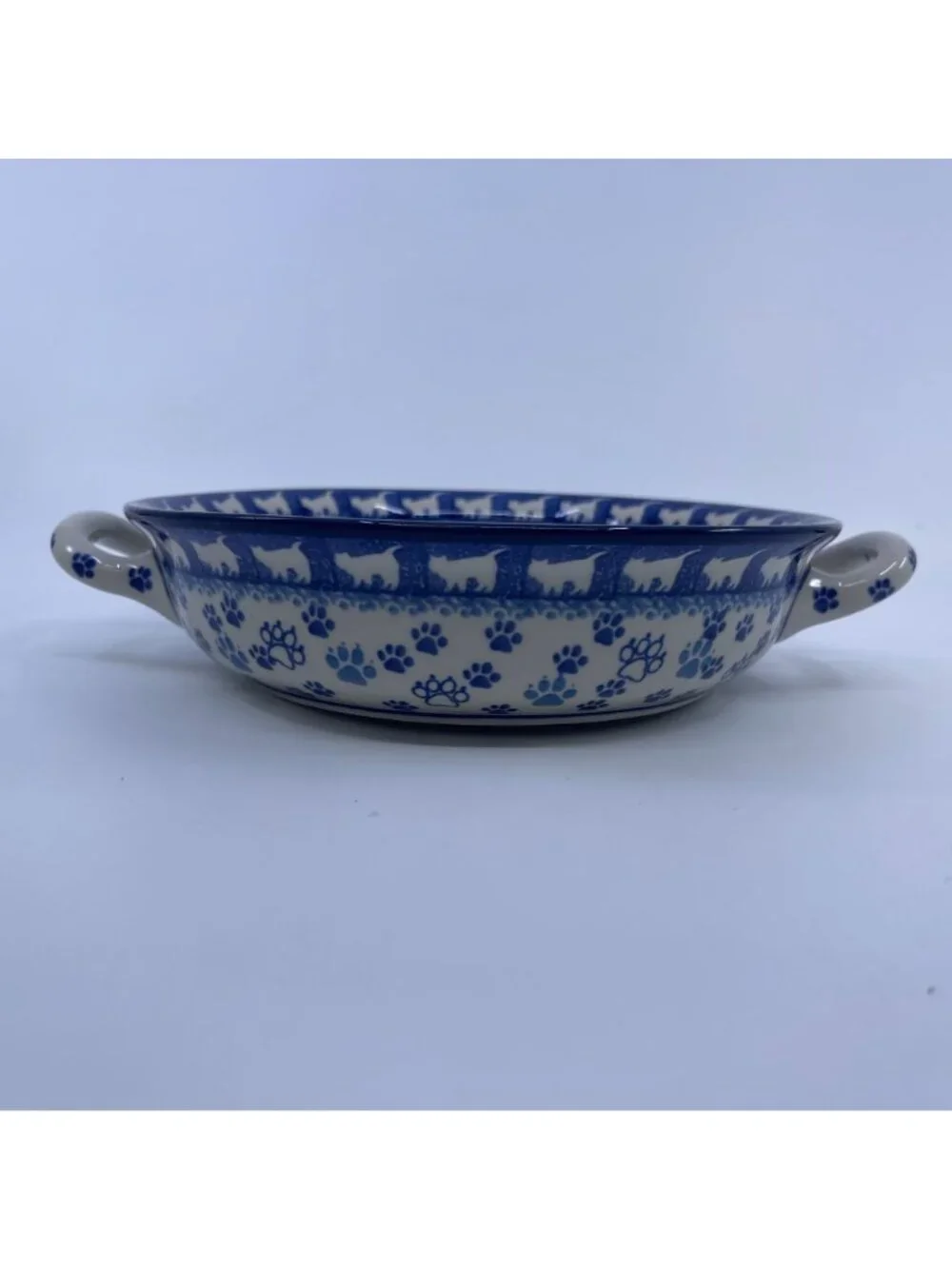 handmade polish pottery baker with 2 handles boo boo kitty paws pattern